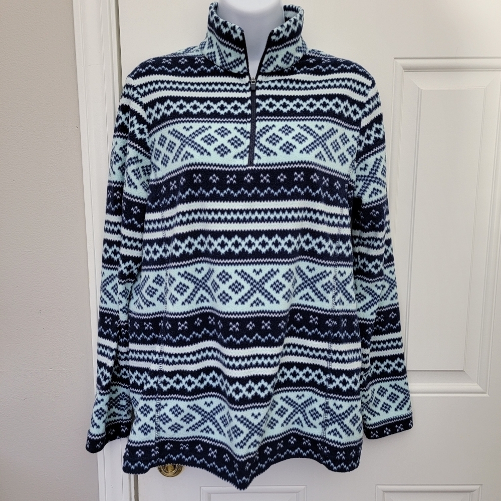 Lands End Women's Fleece Quarter Zip Pullover Blue Faire Isle Aztec Size Small